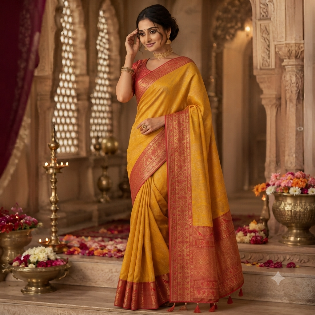 MUSTARD YELLOW SINDOORI RED BANARASI SILK SAREE