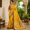 MUSTARD YELLOW BANARASI SILK SAREE WITH CHOCOLATE BROWN CONTRAST BORDER