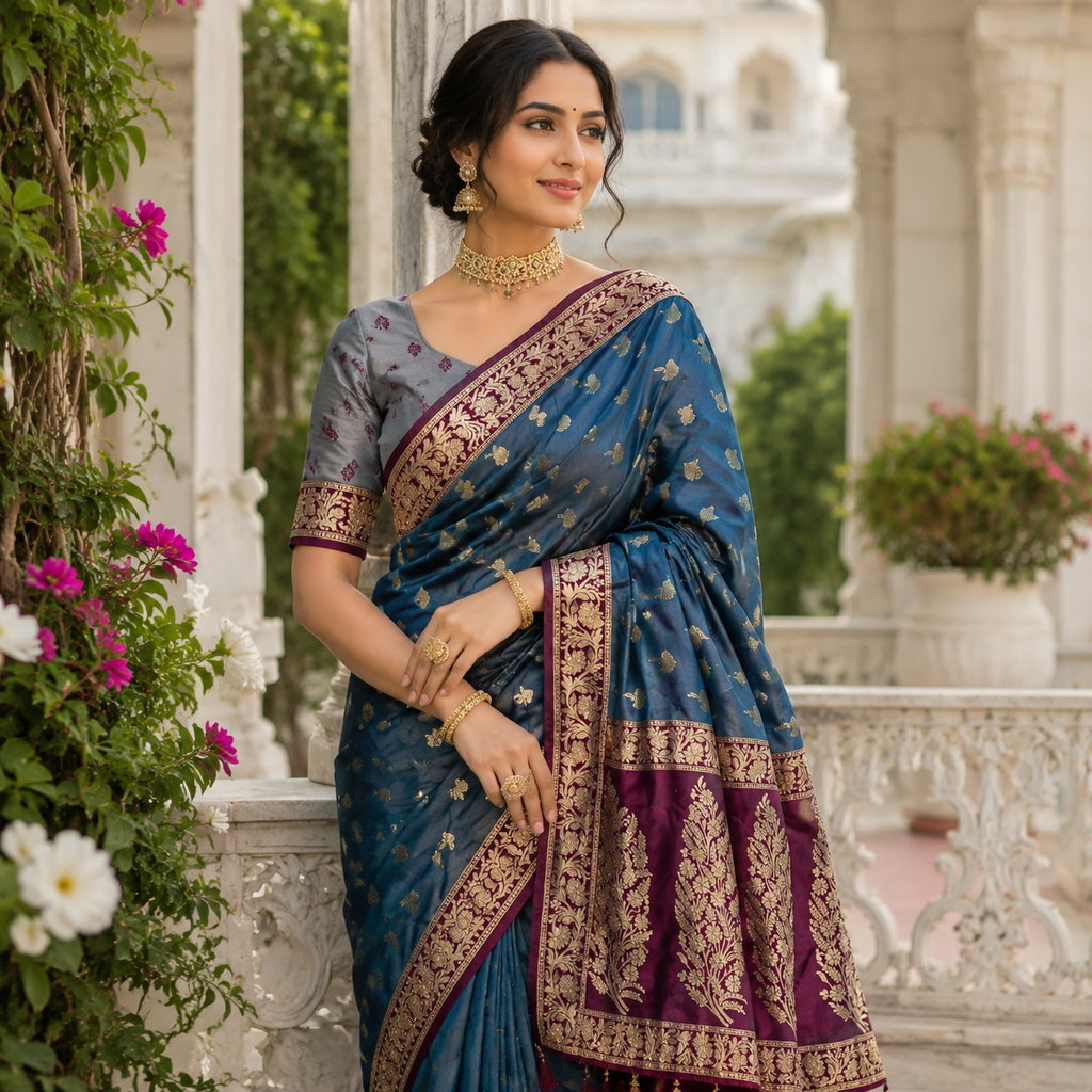 TEAL BLUE WINE BANARASI SILK SAREE