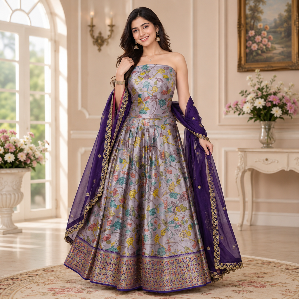 LAVENDER- SILVER LEHENGA WITH MULTICOLOUR FLORAL JAAL PRINT+ THAT RICH BROCADE BORDER