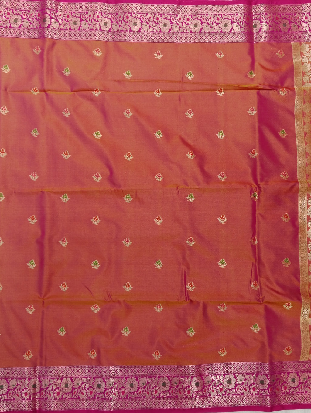 PEACH - CORAL BANARASI SILK SAREE WITH MAGENTA ZARI BORDER