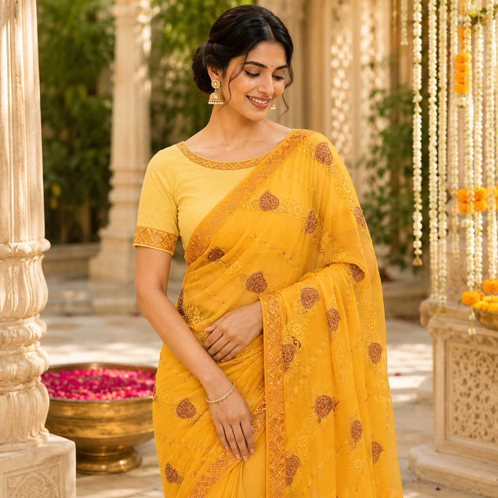 MUSTARD YELLOW CHIKANKARI/EMBROIDERED GEORGETTE SAREE