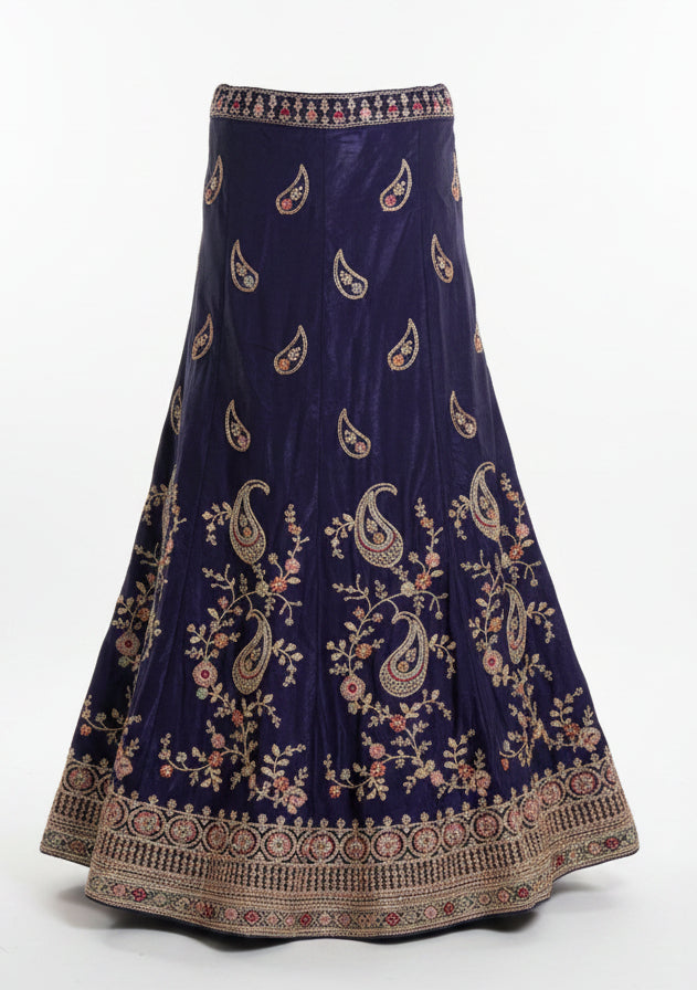 DEEP PURPLE VELVET LEHENGA WITH GOLD PAISLEY+ FLORAL EMBROIDERY