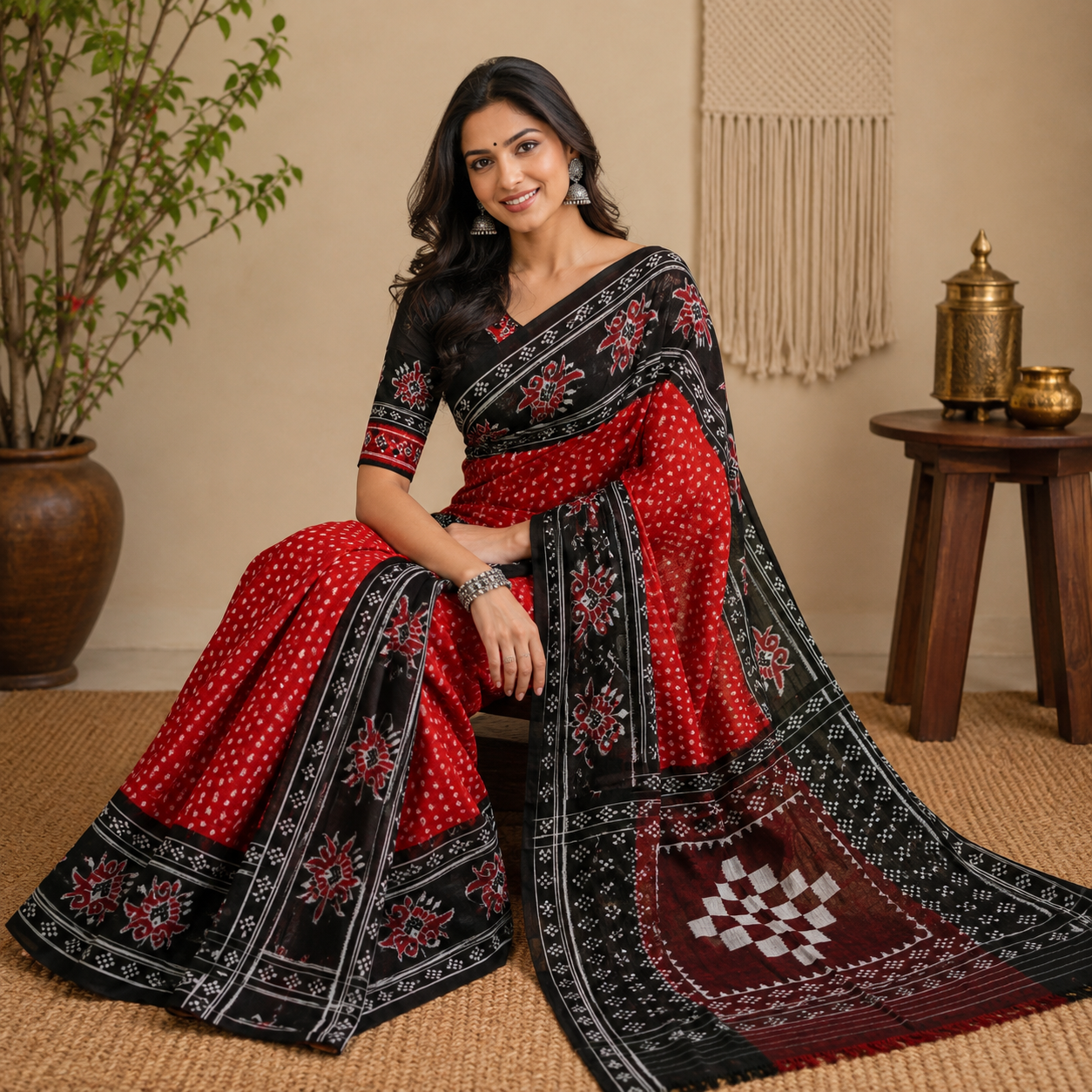 RED AND BLACK BAGRU BLOCK PRINT SAMBALPURI HANDLOOM COTTON SAREE