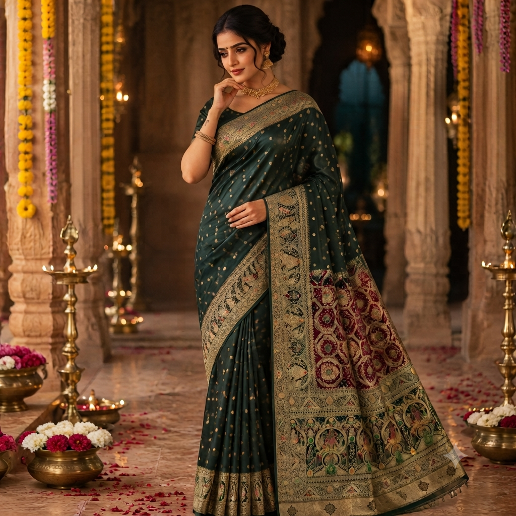 BOTTLE GREEN MAROON BANARASI SILK SAREE