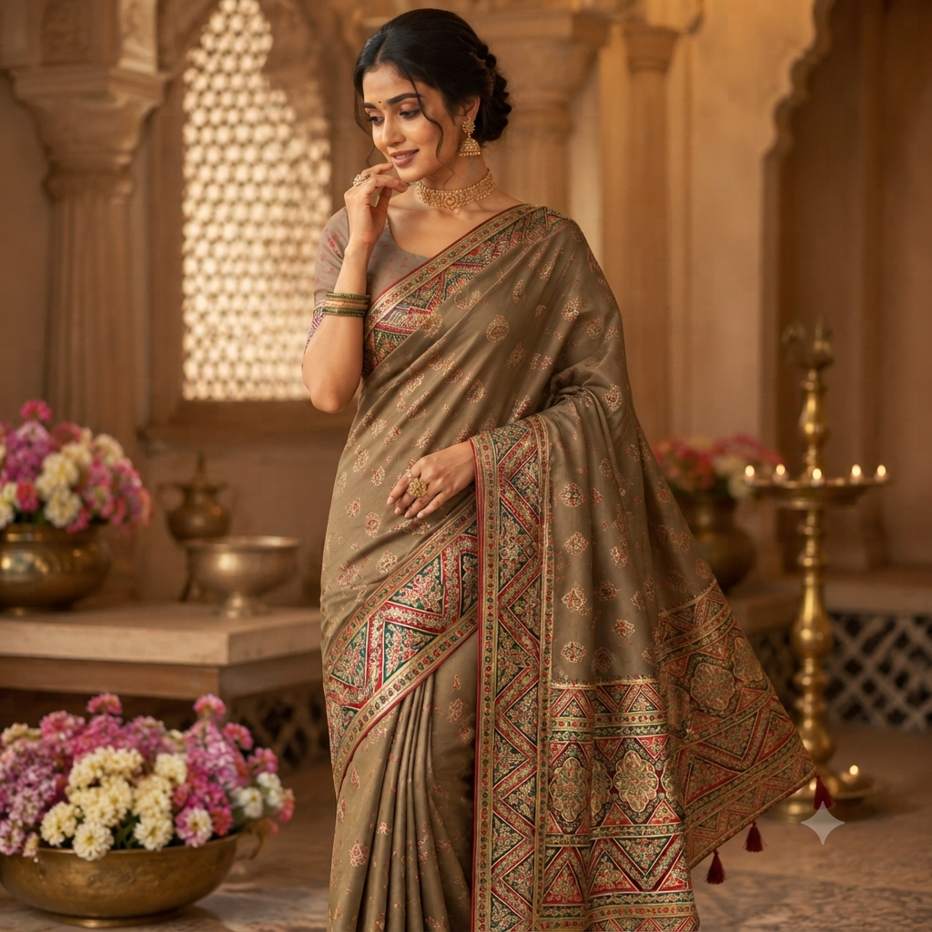TAUPE MULTICOLOUR BANARASI SILK SAREE