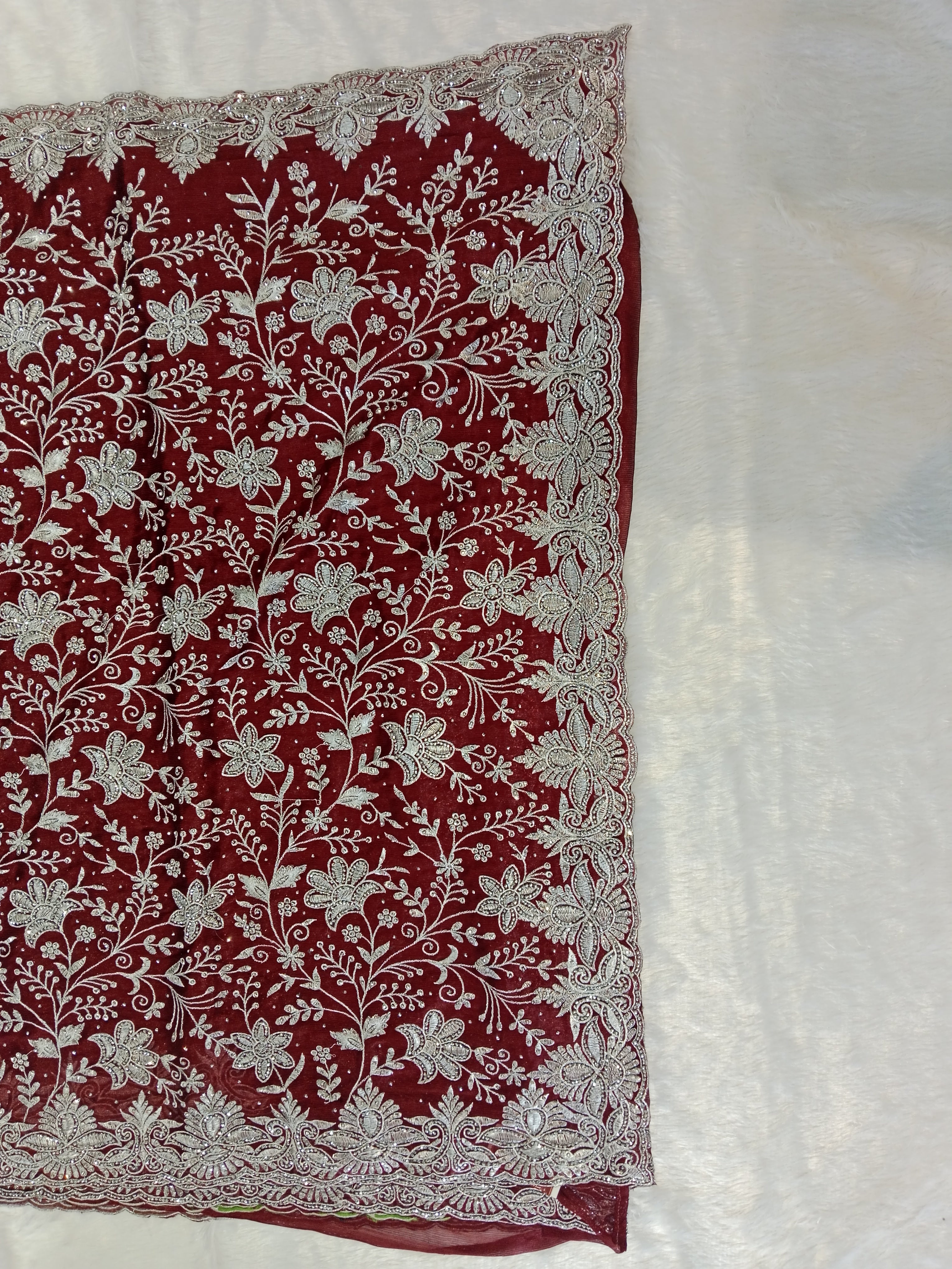 WINE SILVER CHIKANKARI SAREE