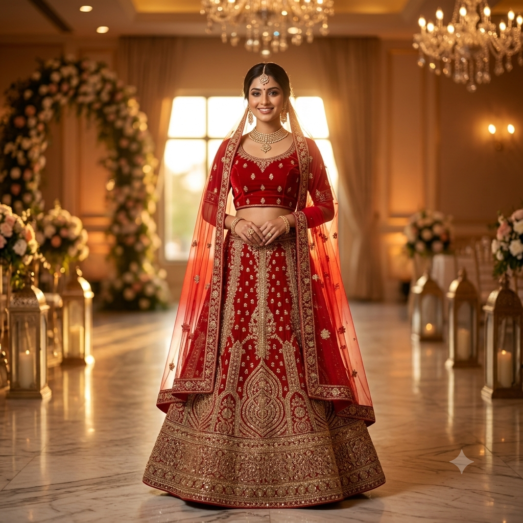 RED VELVET LEHENGA WITH INTRICATE GOLD ZARDOZI
