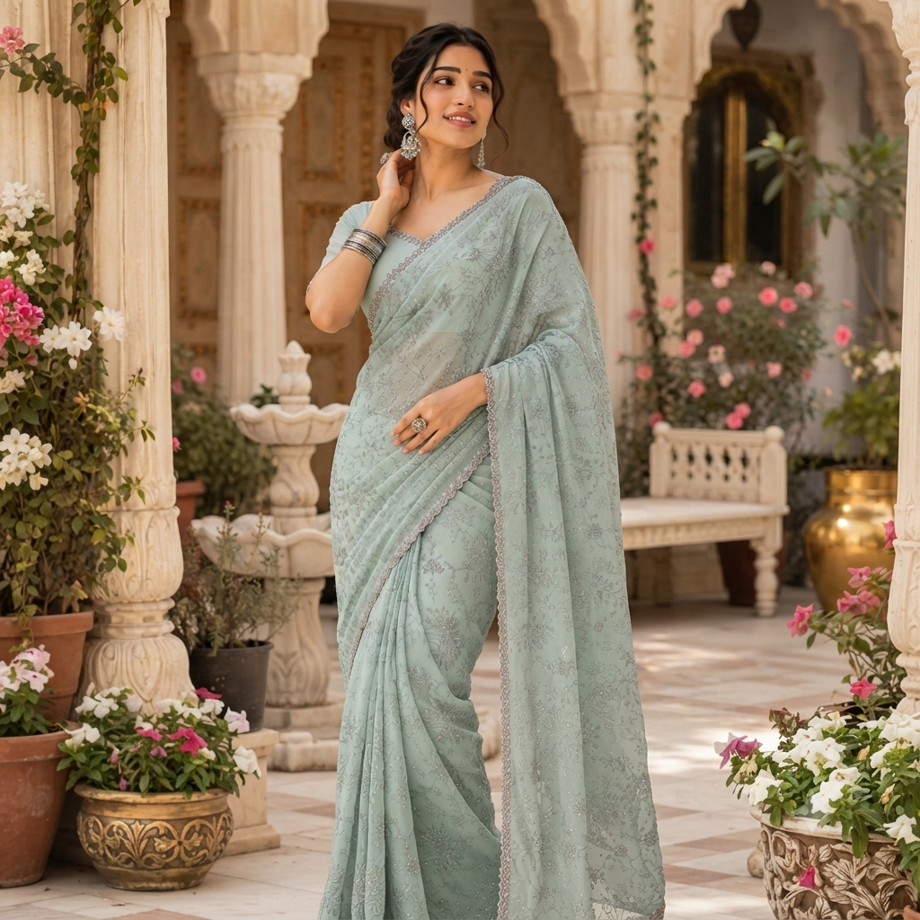 POWDER BLUE GREEN ORGANZA TISSUE SAREE