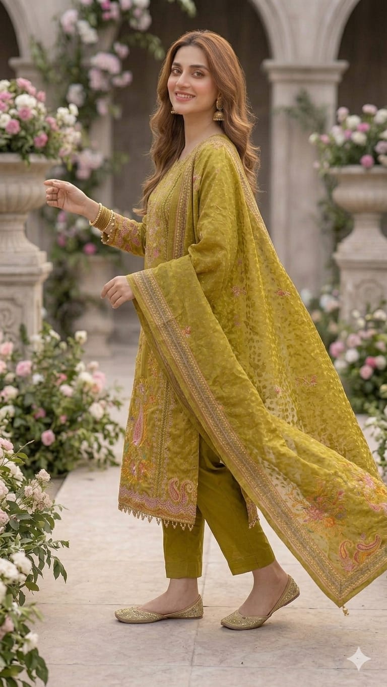 OLIVE GREEN CREPE KURTI SET