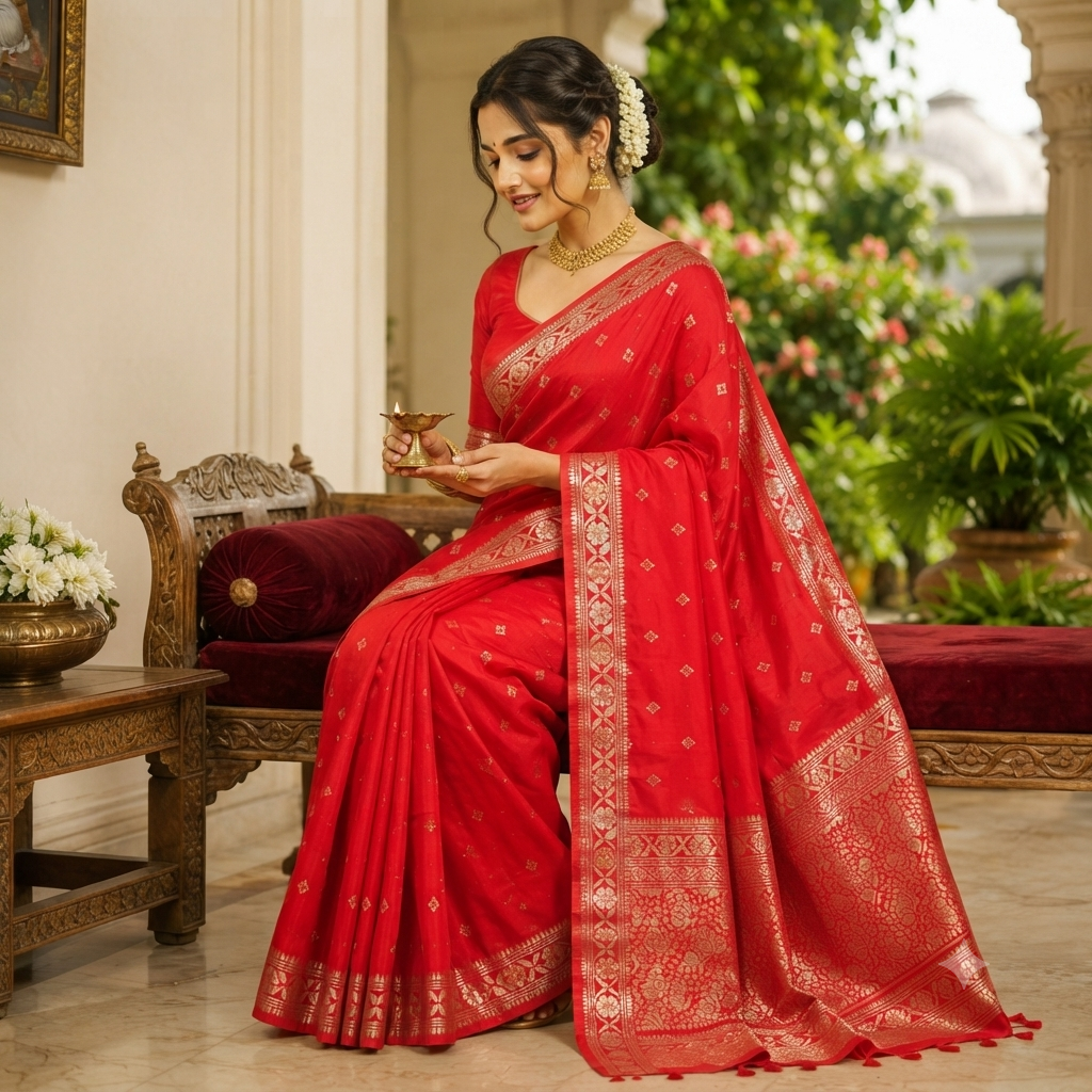 BRIGHT RED BANARASI SILK SAREE WITH GOLD ZARI BORDER