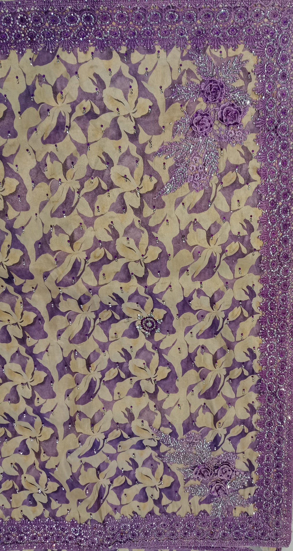 LAVENDER+BEIGE FLORAL PRINT ORGANZA/SATIN SAREE