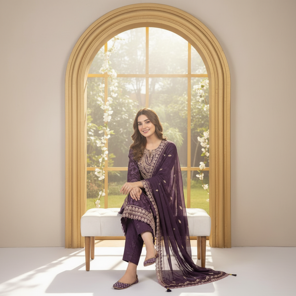 PLUM PURPLE PARTY WEAR KURTI SET
