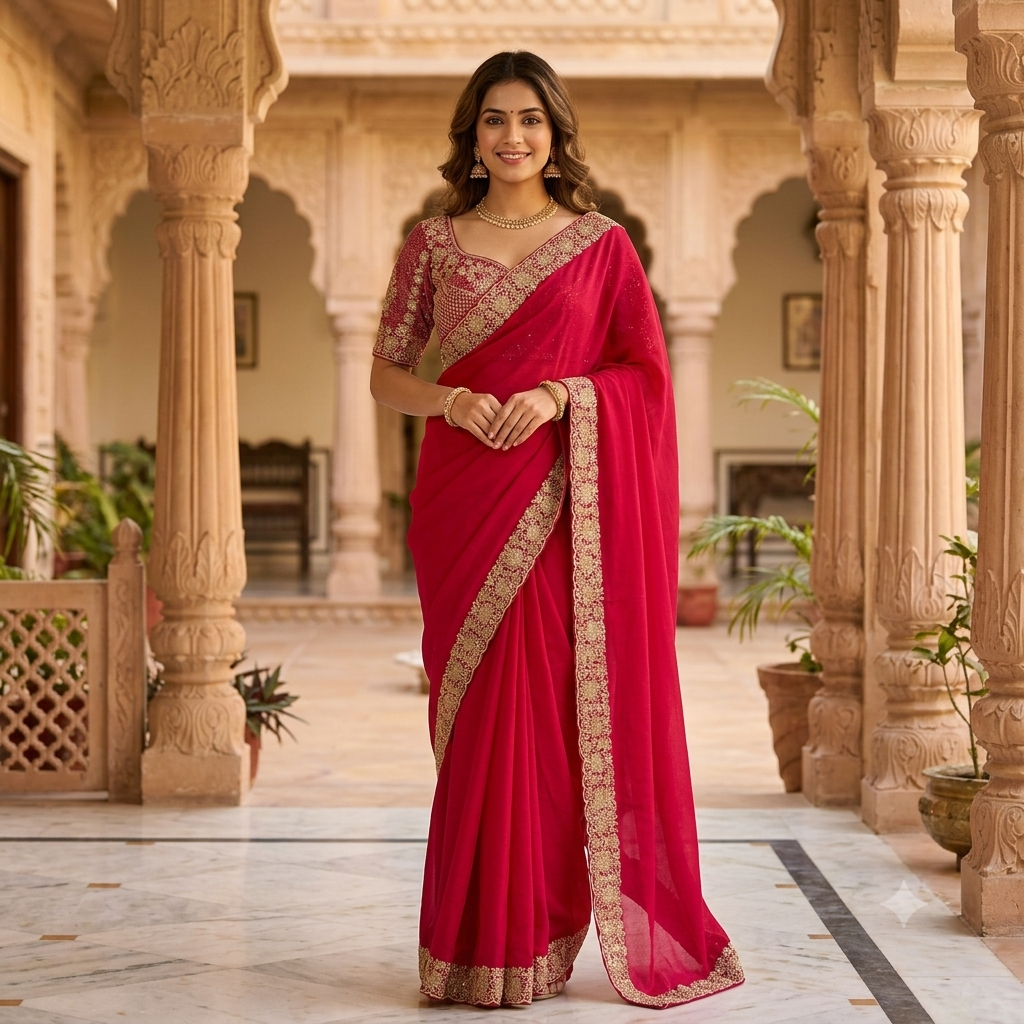 RANI PINK GEORGETTE SAREE WITH HEAVY GOLD FLORAL BORDER