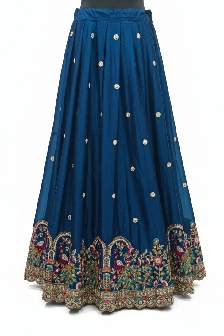 TEAL BLUE LEHENGA WITH PEACOCK+ FLORAL BORDER WORK