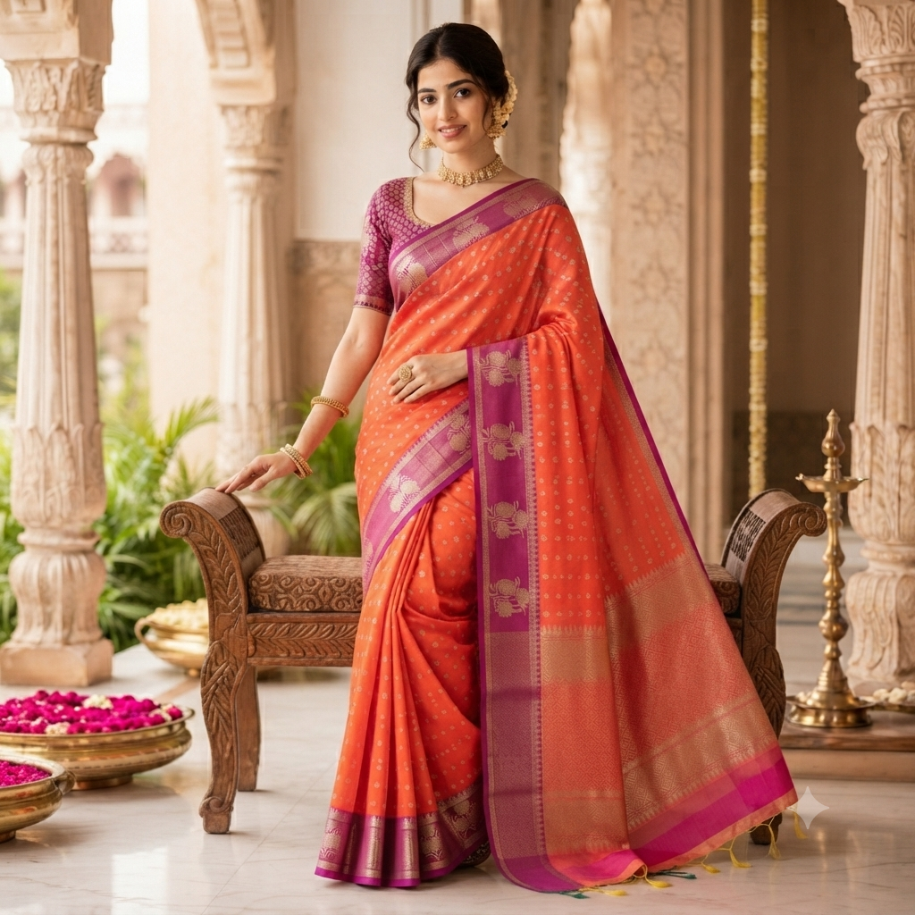 TANGERINE ORANGE KANCHIPURAM SILK SAREE WITH MAGENTA CONTRAST BORDER