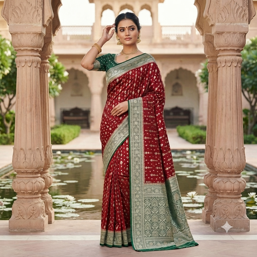 MAROON BANARASI SILK SAREE WITH BOTTLE GREEN CONTRAST