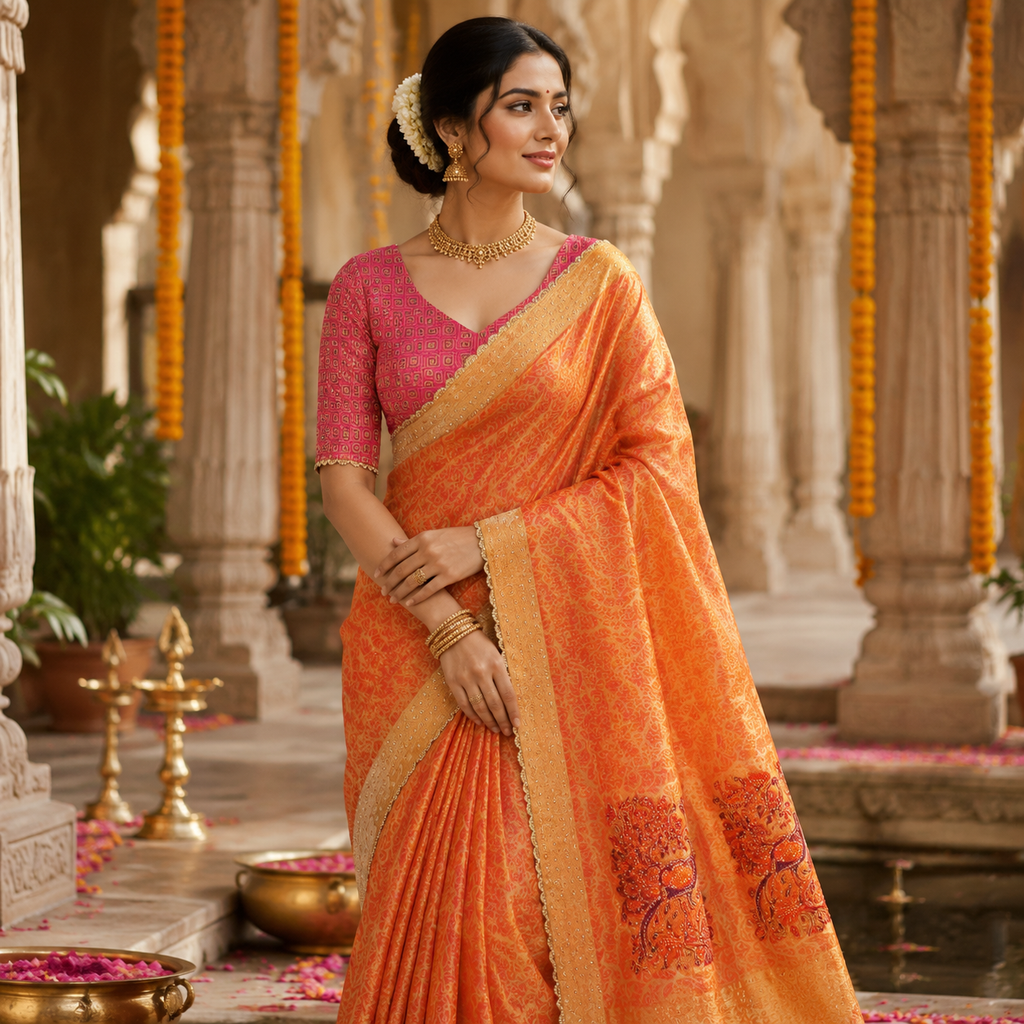 PEACH ORANGE PINK BANARASI SILK SAREE