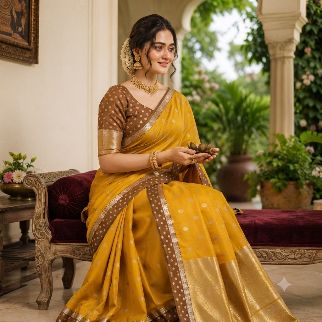 MUSTARD YELLOW BANARASI SILK SAREE WITH CHOCOLATE BROWN CONTRAST BORDER