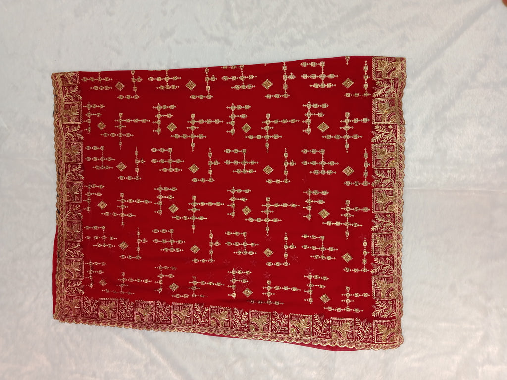 RED GEORGETTE SAREE WITH GOLD ZARI+ SEQUIN EMBROIDERY