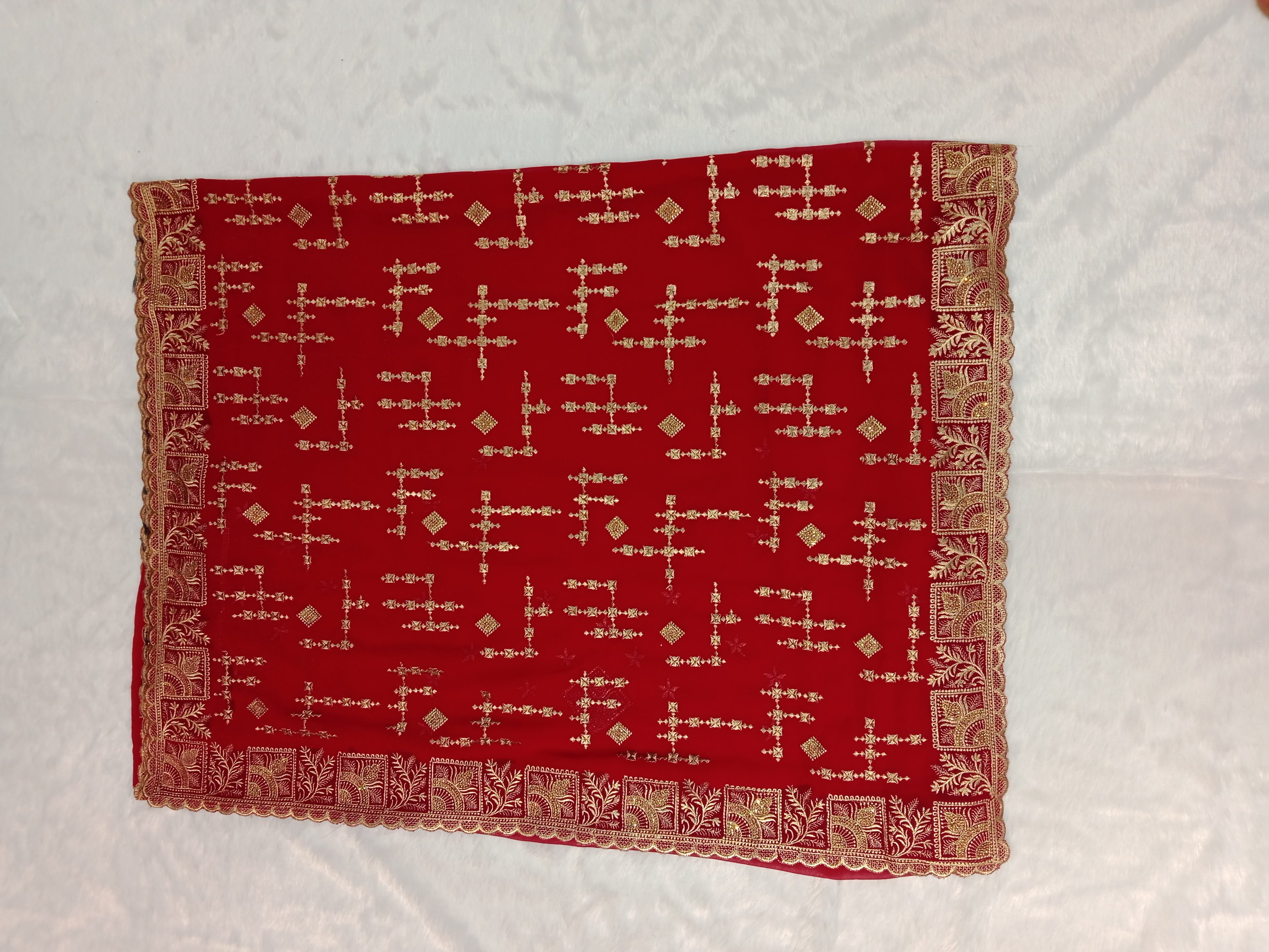 RED GEORGETTE SAREE WITH GOLD ZARI+ SEQUIN EMBROIDERY