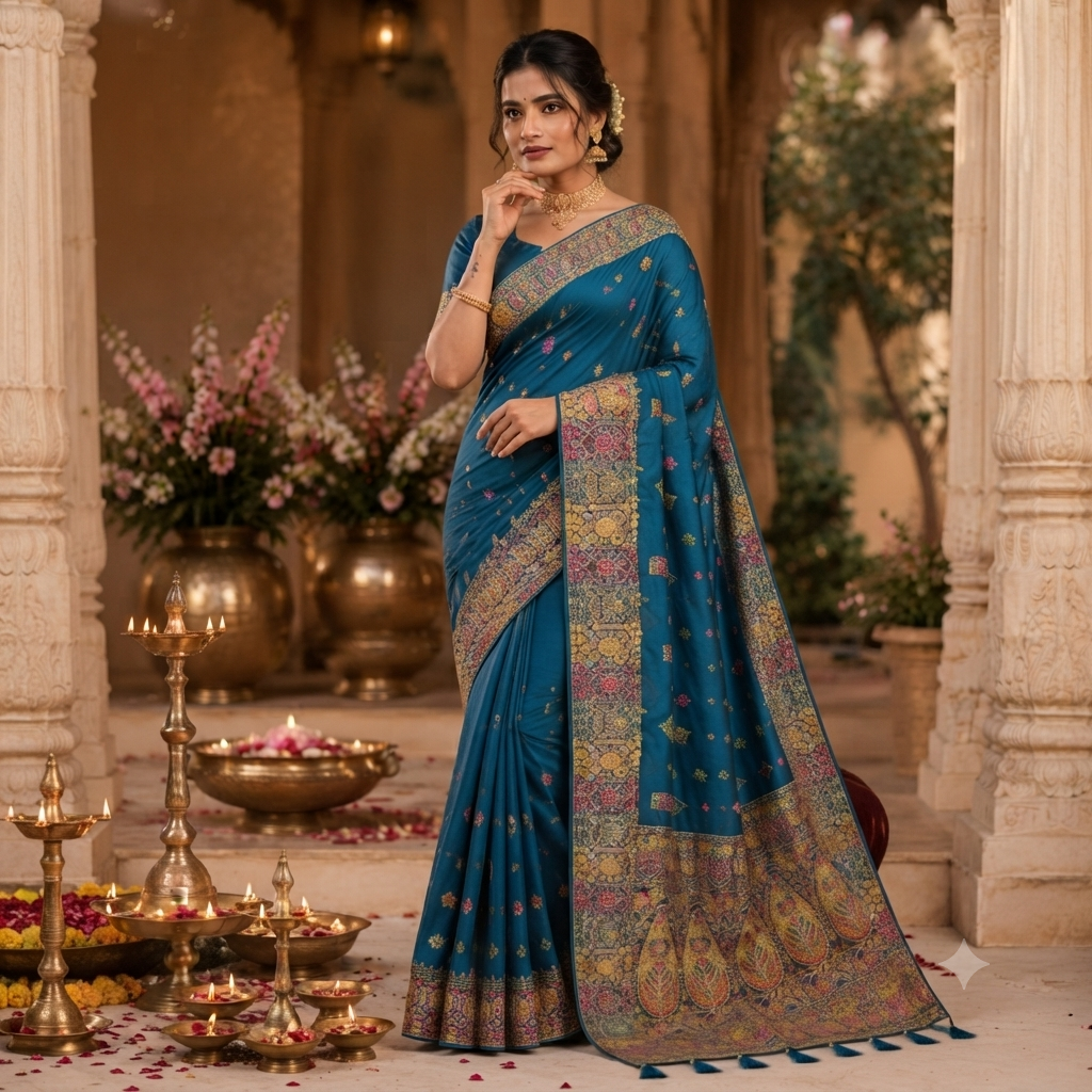 PEACOCK BLUE MULTICOLOUR BANARASI SILK SAREE