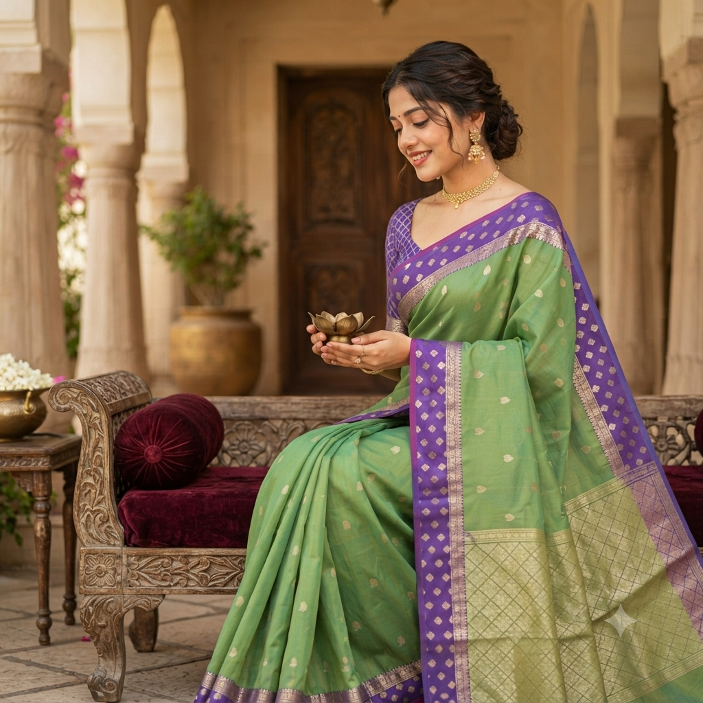 PARROT GREEN KANCHIPURAM SILK SAREE WITH VIOLET CONTRAST BORDER