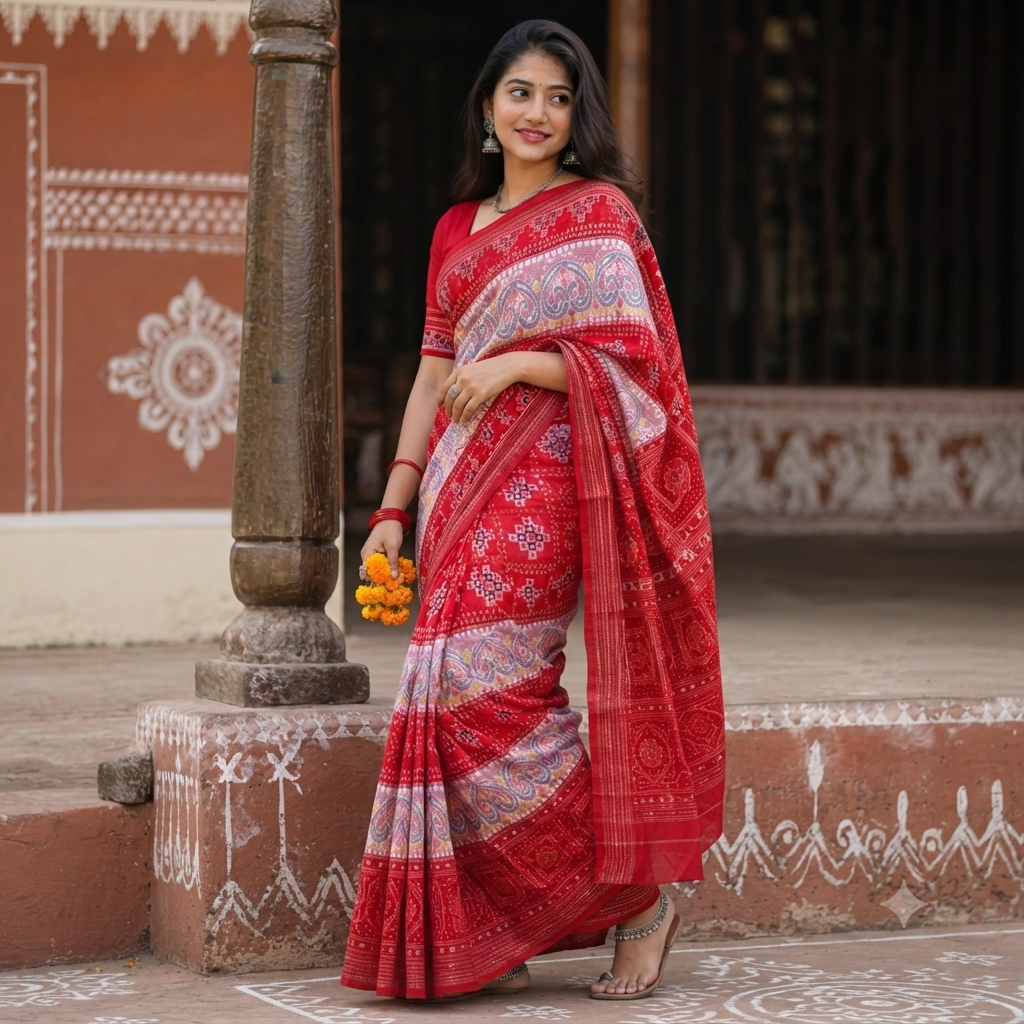 BRIGHT RED AND WHITE SAMBALPURI HANDLOOM COTTON SAREE