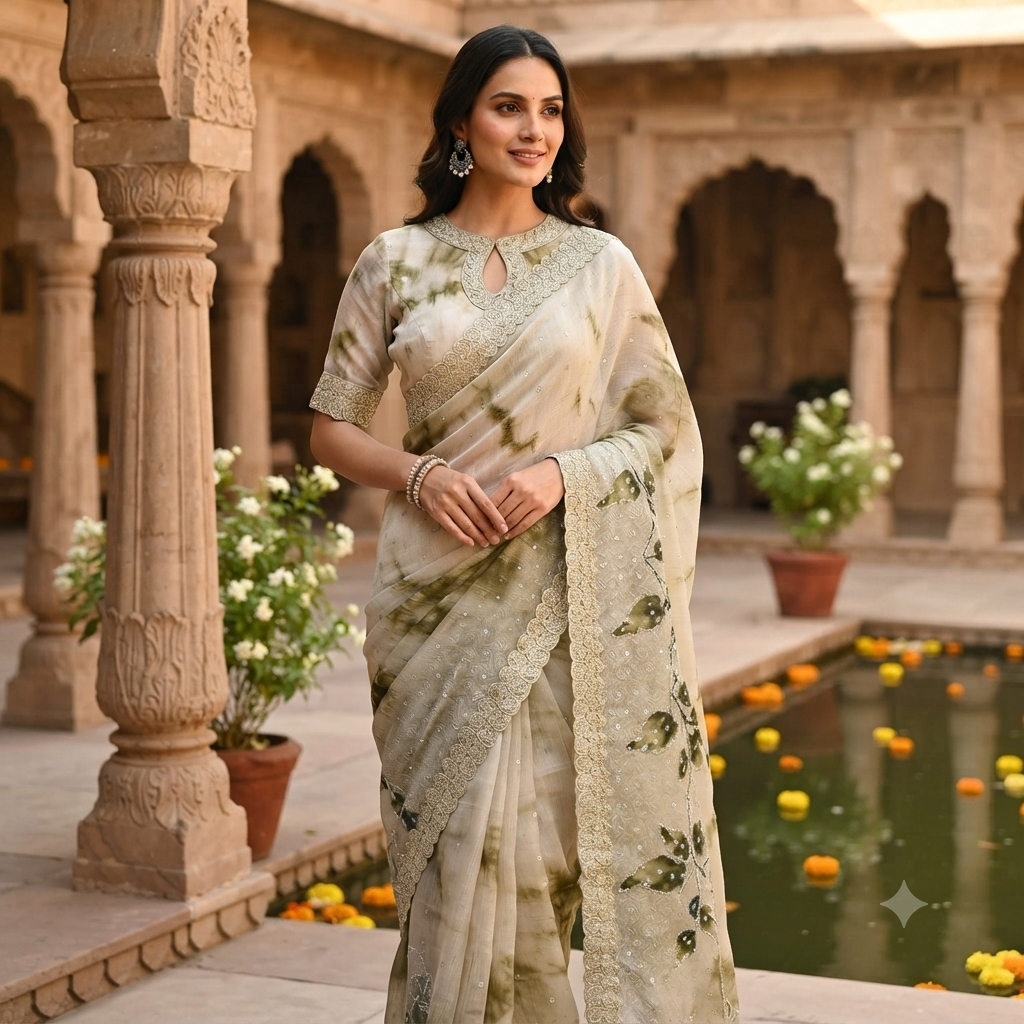 SAGE GREEN IVORY TIE-DYE SAREE