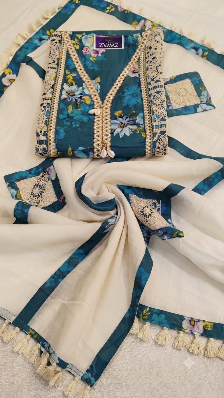 TEAL BLUE WITH CREAM DUPATTA EMBROIDERED DRESS MATERIAL