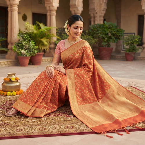 BURNT ORANGE BANARASI SILK SAREE
