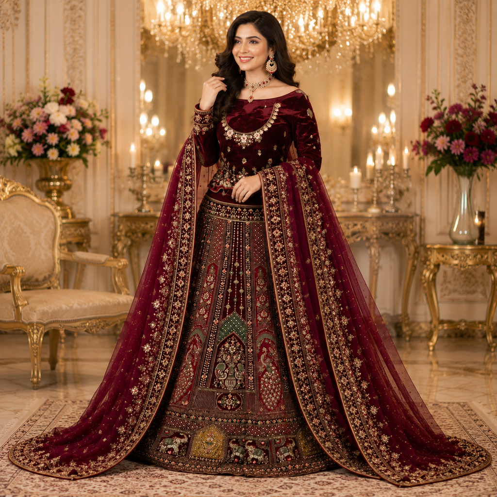 MAROON VELVET LEHENGA