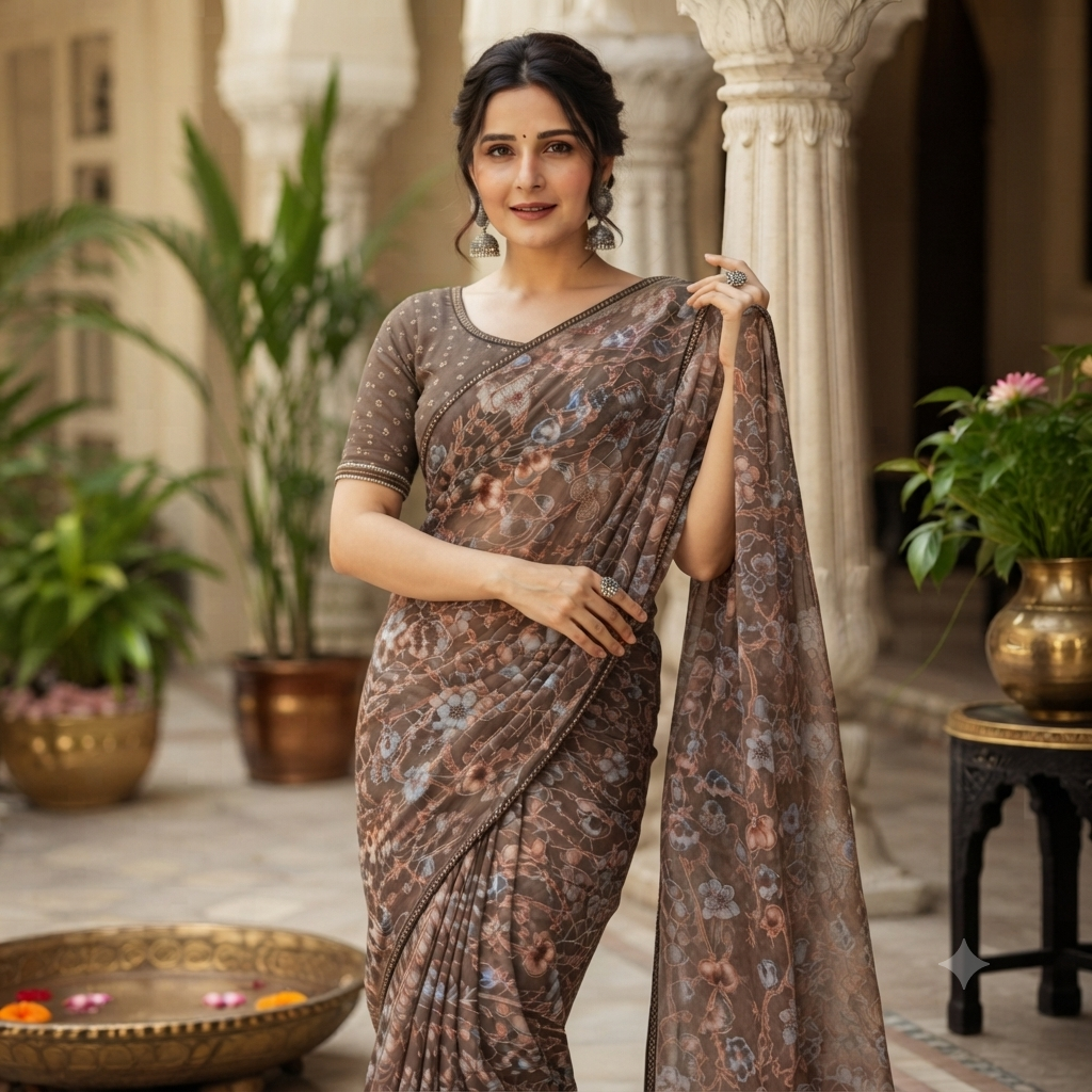 COFFEE BROWN PRINTED GEORGETTE SAREE