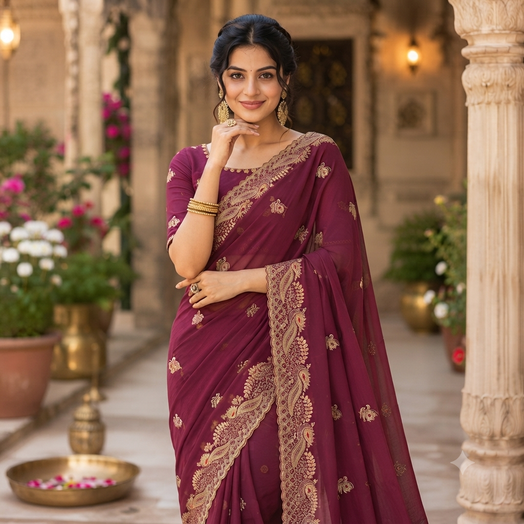 WINE GEORGETTE SAREE WITH GOLD ZARI+ RESHAM PAISLEY BORDER