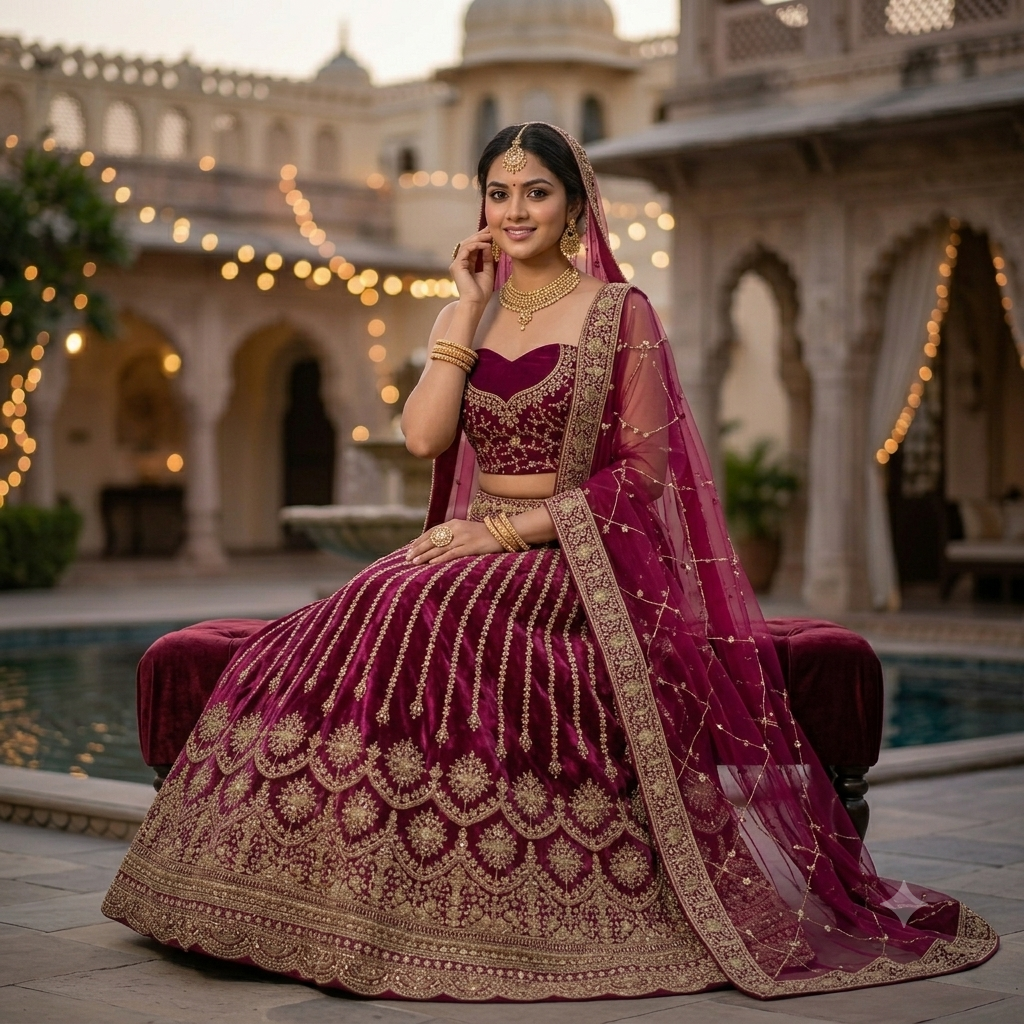MAROON VELVET STRAPLESS LEHENGA WITH GOLD SCALLOP EMBROIDERY