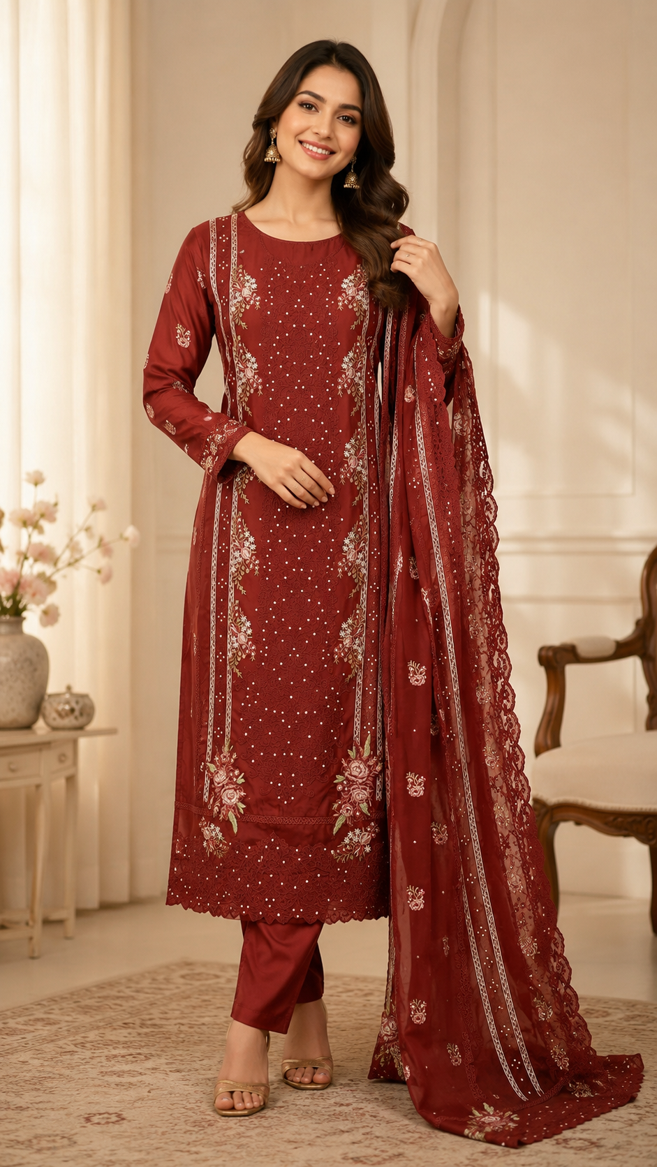 MAROON EMBROIDERED DRESS MATERIAL