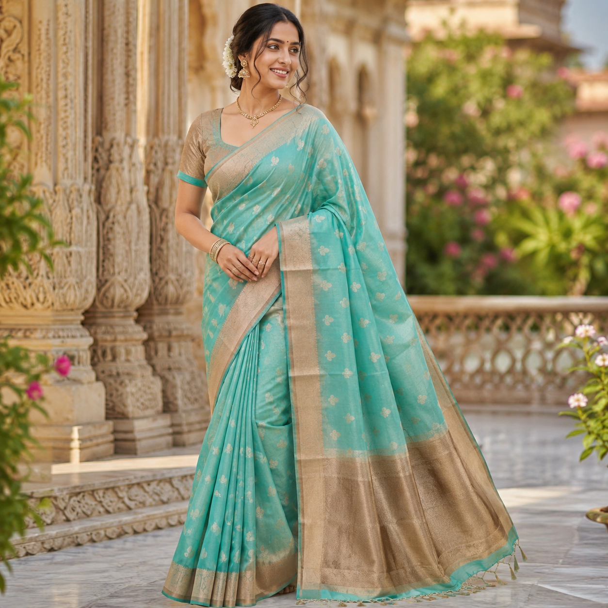 SEA GREEN BANARASI CHANDERI SILK SAREE WITH GOLD ZARI BORDER