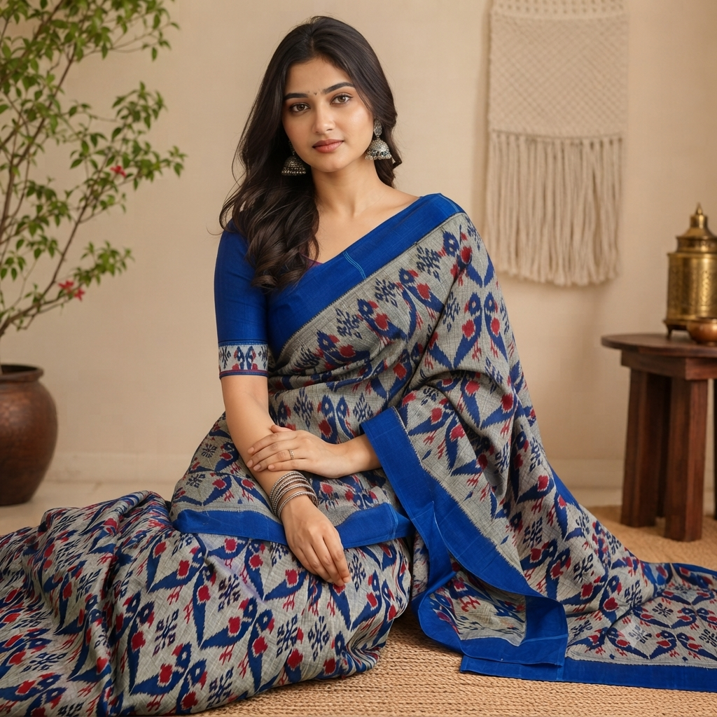 GREY- BLUE IKAT PRINT SAMBALPURI HANDLOOM COTTON SAREE