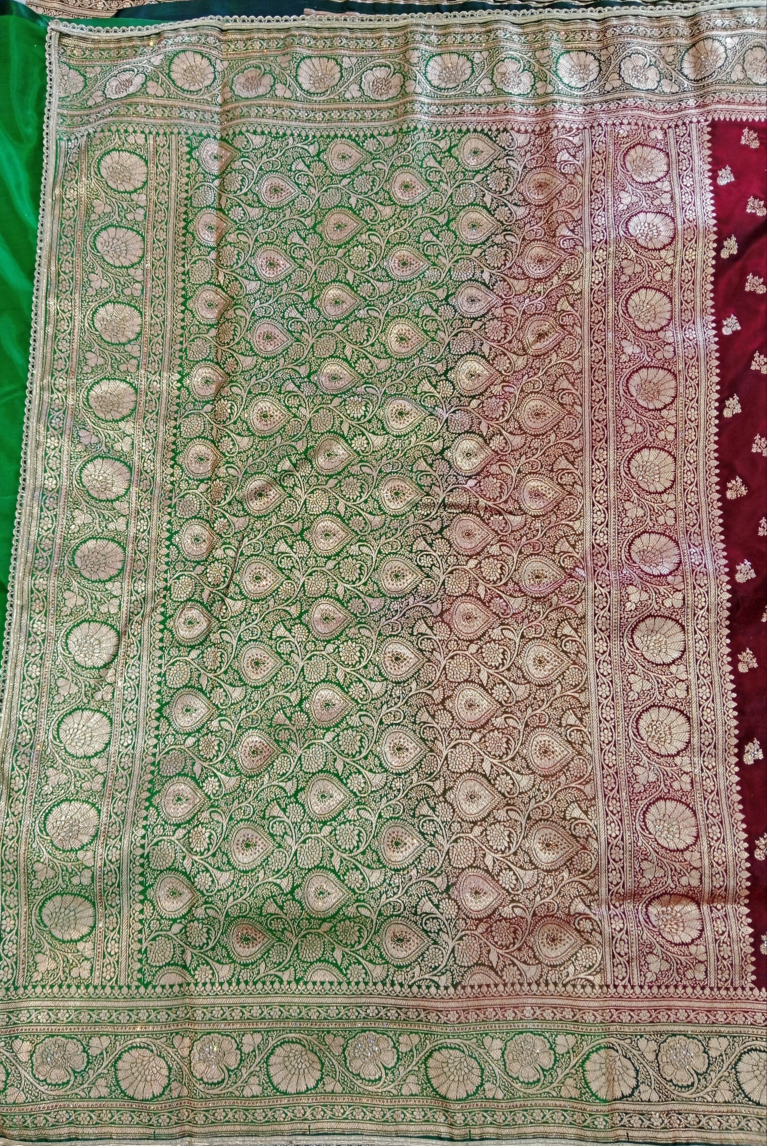 WINE-MAROON MEHENDI GREEN BANARASI SILK SAREE