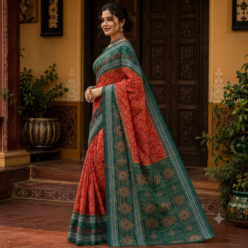 RUST ORANGE PATOLA PRINT SAMBALPURI HANDLOOM COTTON SAREE