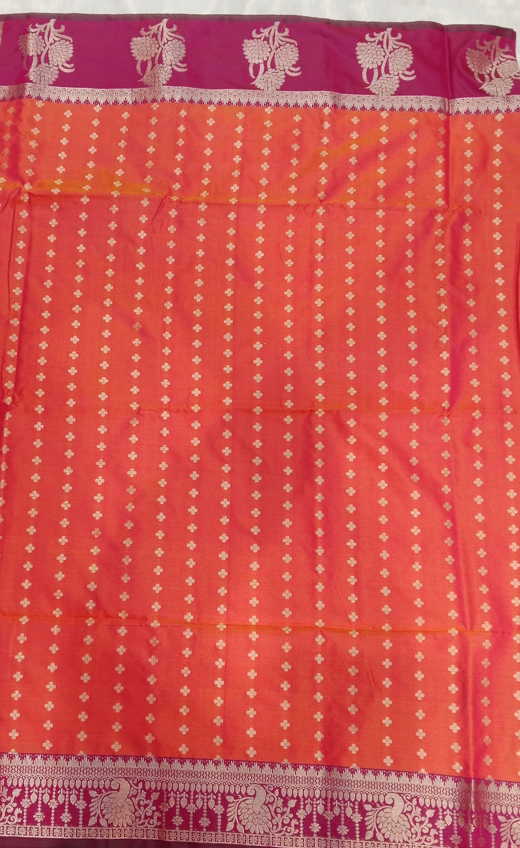 TANGERINE ORANGE KANCHIPURAM SILK SAREE WITH MAGENTA CONTRAST BORDER