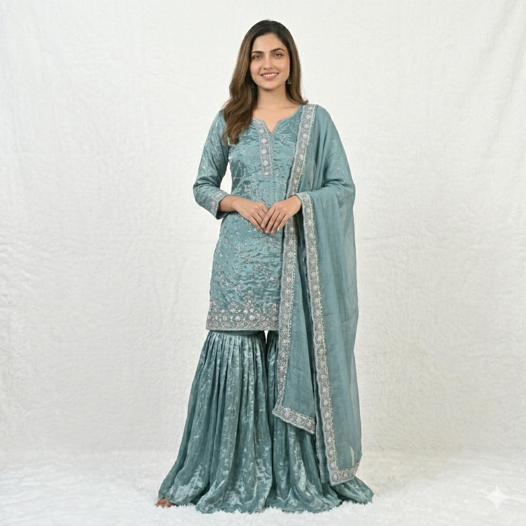 DUSTY BLUE EMBROIDERED SHARARA
