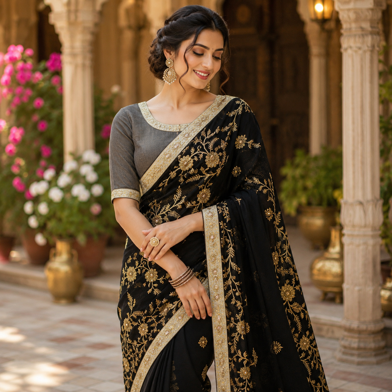 BLACK GEORGETTE SAREE WITH ANTIQUE GOLD ZARI FLORAL JAAL