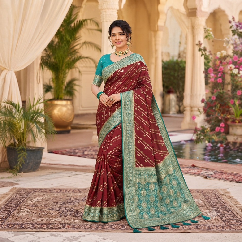 MAROON TEAL BANARASI SILK SAREE
