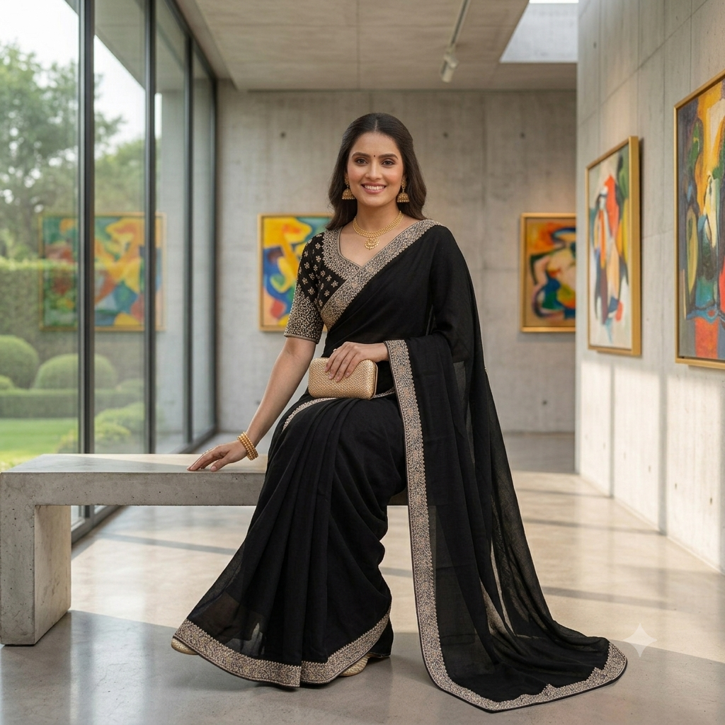 BLACK SAREE WITH HEAVY SILVER ZARI BORDER+EMBROIDERED BLOUSE
