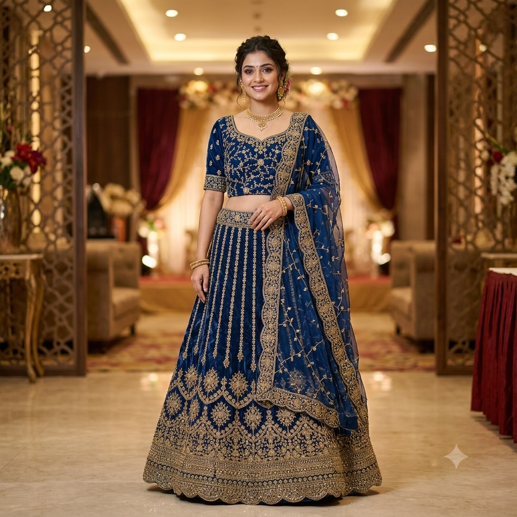 ROYAL BLUE VELVET LEHENGA WITH GOLD ZARI WORK