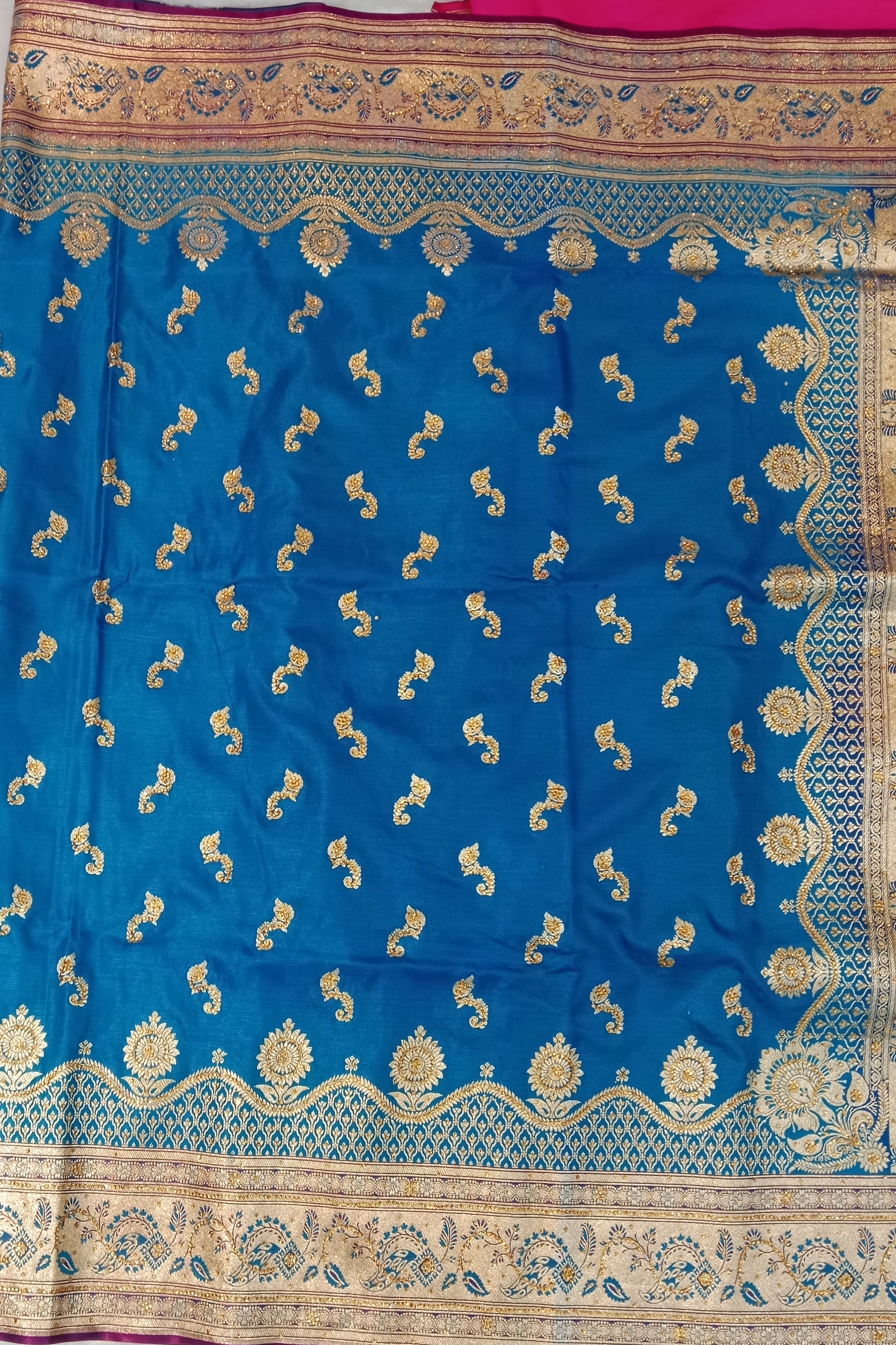 PEACOCK BLUE BANARASI SILK SAREE WITH CONTRAST MEGENTA