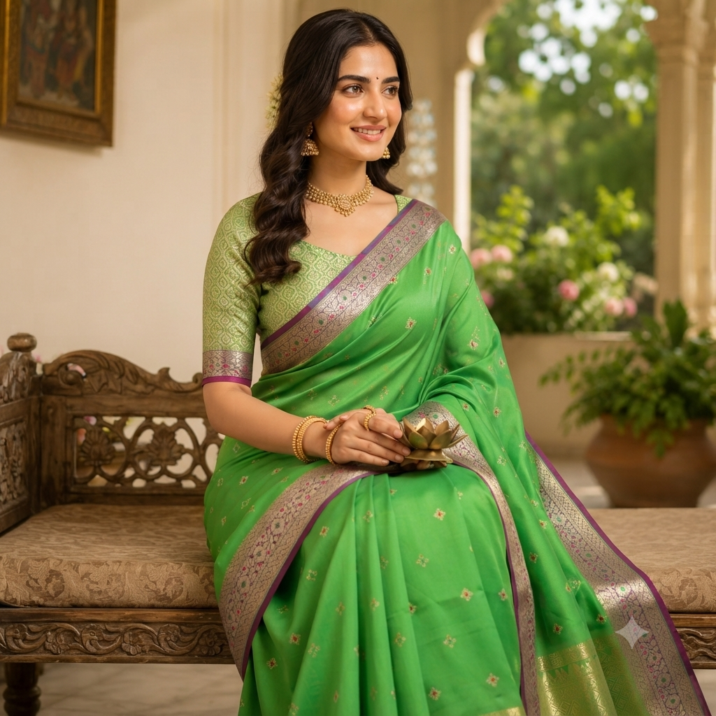 PARROT GREEN BANARASI SILK SAREE