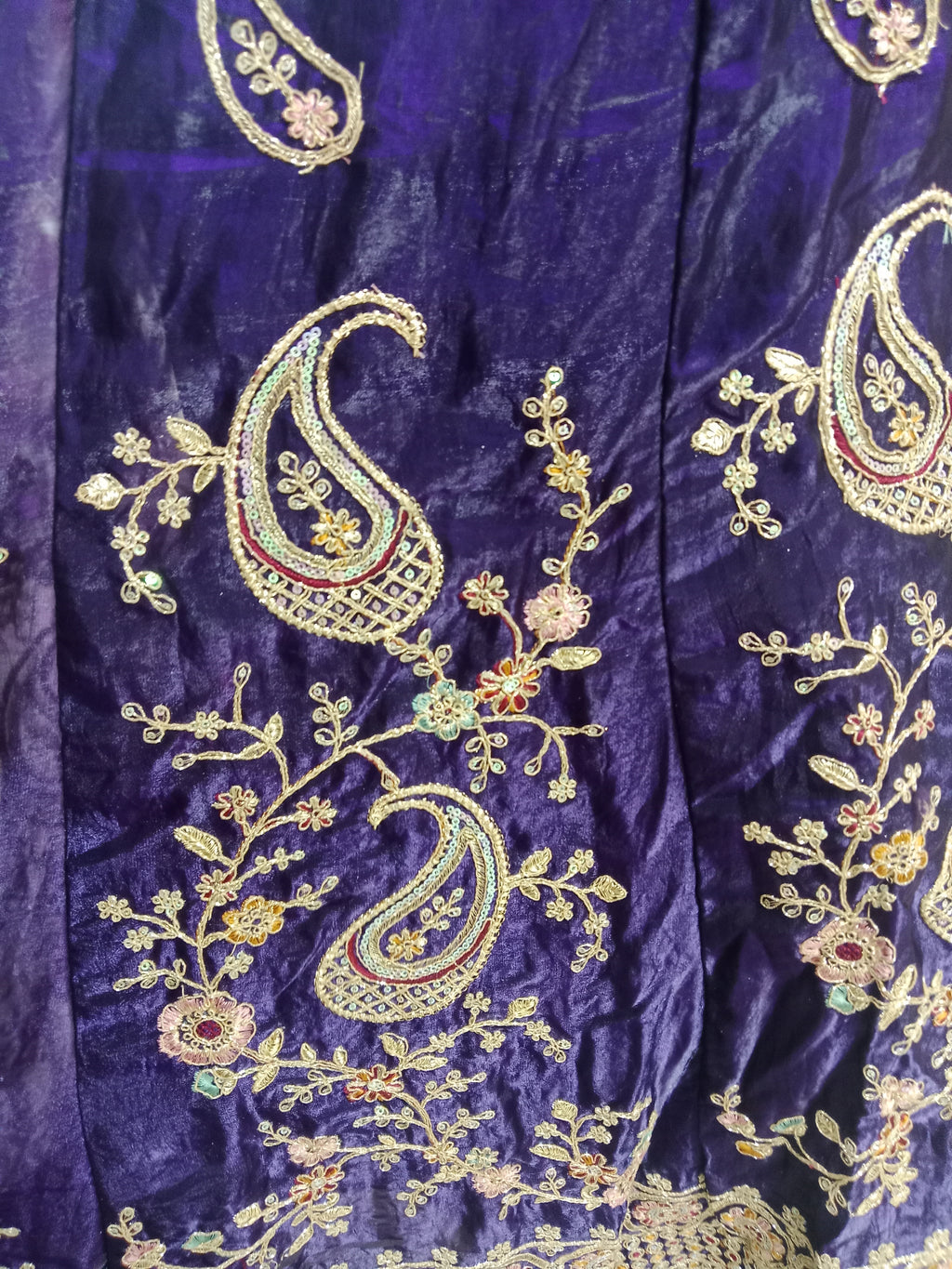 DEEP PURPLE VELVET LEHENGA WITH GOLD PAISLEY+ FLORAL EMBROIDERY