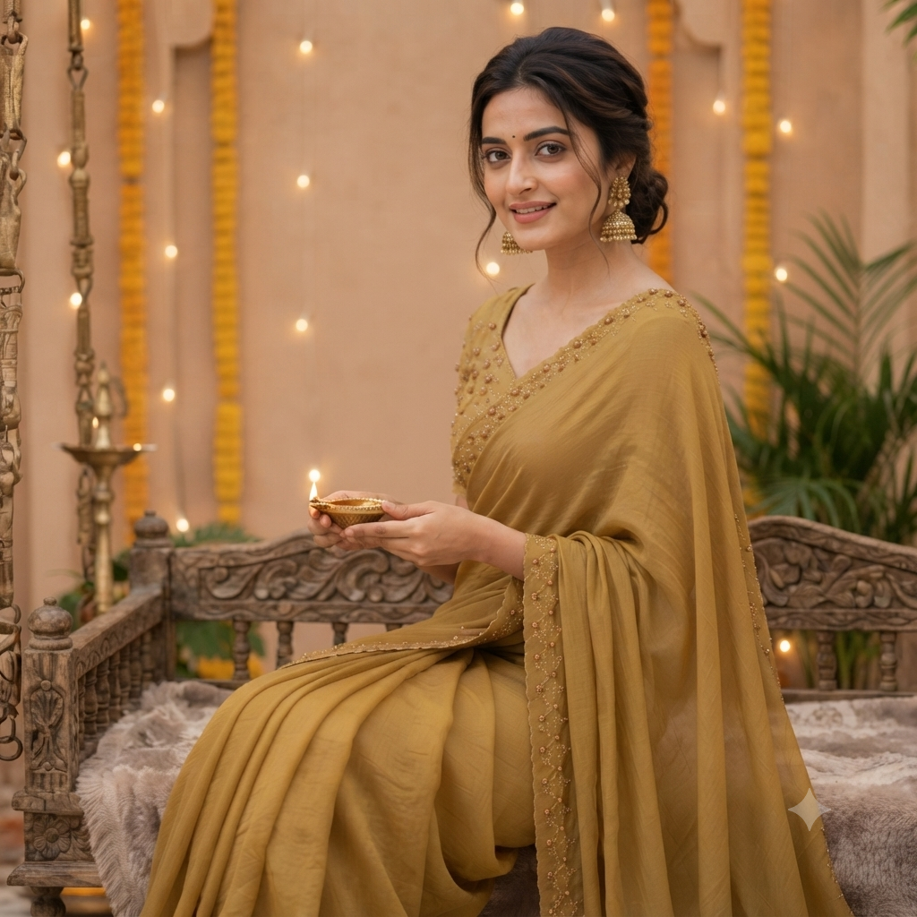 OLIVE GOLD TISSUE SAREE WITH BEADED BORDER WORK